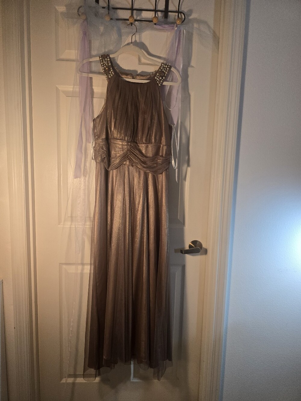 David's Bridal Metallic Taupe Maxi Dress with Beaded Straps